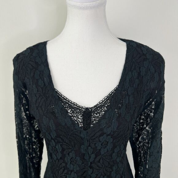 Vintage Y2K Lace Maxi Dress Green & Black Gothic Whimsigoth Fairy Long Sleeve L - Picture 3 of 9